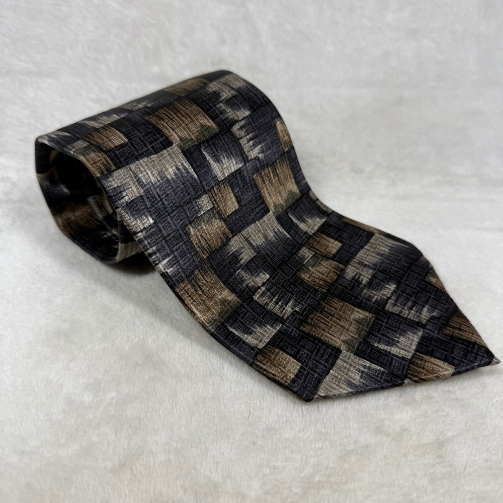 Pierre Cardin Mens Silk Tie Black Brown Grey Geometric Mosaic Vintage Necktie